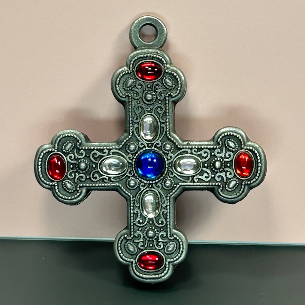 Beautiful Pewter Cross Pendant Red & Blue Accents